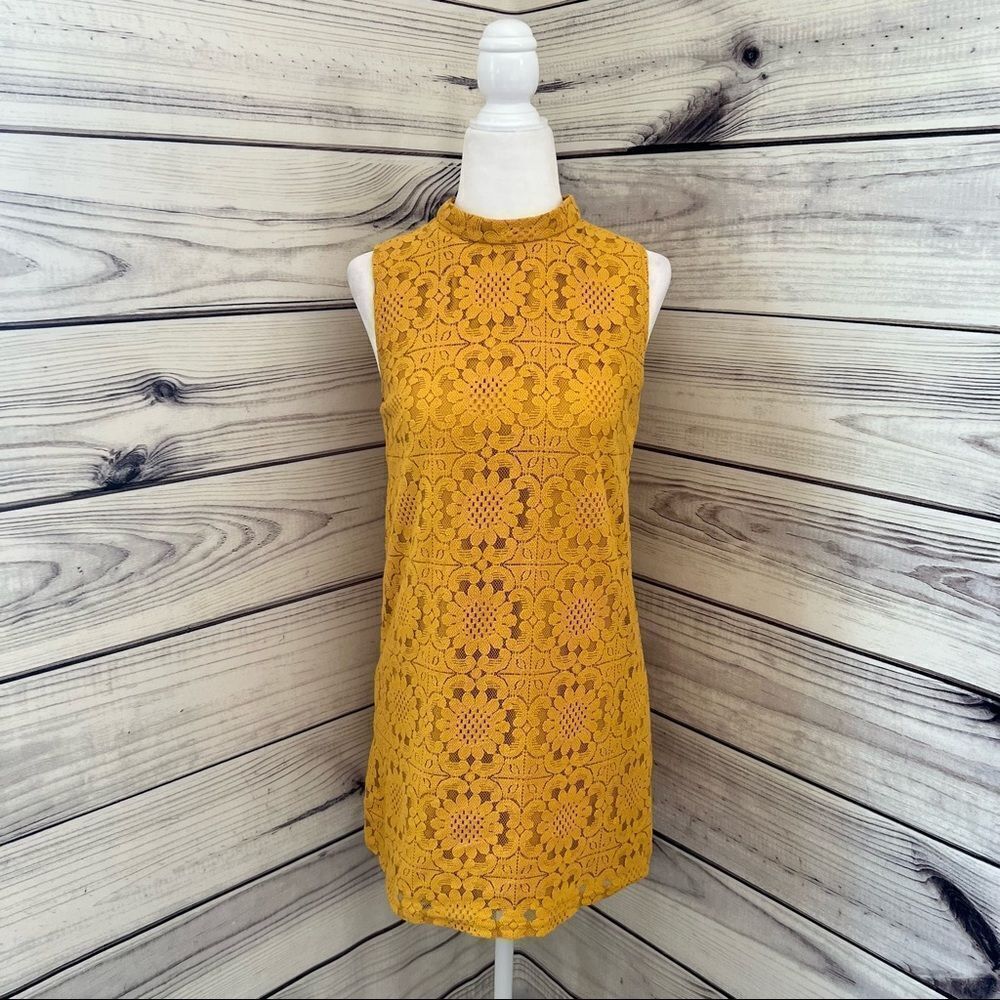 FOREVER 21 Golden Yellow High Neck Lace Shift Dress Size Small